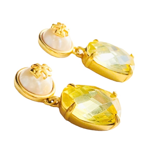 NWT Tory Burch Gold Faux Pearl Epoxy Crystal Drop Earrings w/Dust Bag - Picture 2 of 5